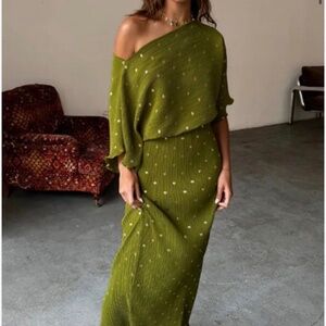 Never Fully Dressed Tilly plisse off-shoulder maxi dress in khaki and gold